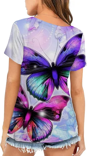 Vista 4 de Camisetas para mujer con estampado floral 3D de mariposa, camiseta de manga corta con cuello redondo informal