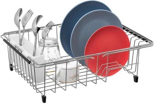 Vista 4 de SANNO Escurridor de platos expandible para fregadero o en el mostrador, organizador de cubiertos de acero inoxidable, organizador de cestas
