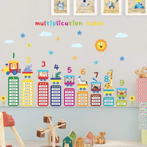 Vista 3 de Calcomanías de pared para mesa de multiplicación de dibujos animados, 99 calcomanías de pared de matemáticas para educación de animales, bricolaje