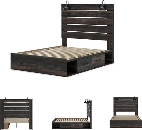Vista 6 de Signature Design by Ashley Drystan - Cama de plataforma con panel rústica tamaño Queen con 2 cajones de almacenamiento, cubículos abiertos, luces