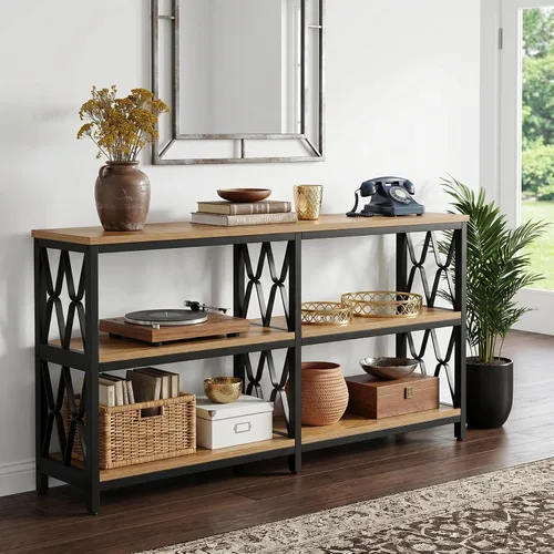 Vista 5 de LITTLE TREE Mesa consola con estantes de almacenamiento, mesa industrial de 3 niveles de 70.9 pulgadas para sala de estar, mesa larga de vestíbulo