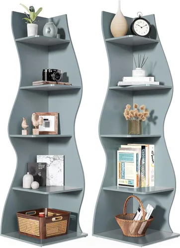 Vista 14 de LITTLE TREE Estantería de esquina pequeña, estantería moderna de esquina de pared de 5 niveles para libros, elegante librero estante