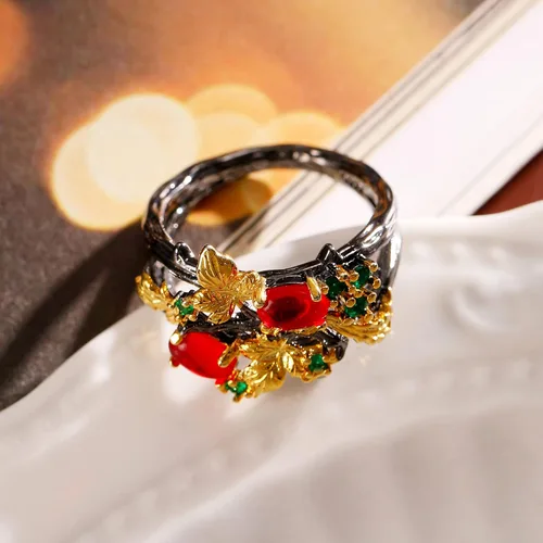 Vista 7 de Gothic Ruby Black Rings Women - Colorful Rhinestone Golden Leaf Copper Rings
