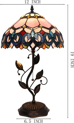 Vista 2 de Tiffany Table Lamp, Pink Stained Glass Desk Light, W12H19 Inch, Metal Leaf Base (Pink Baroque Style)