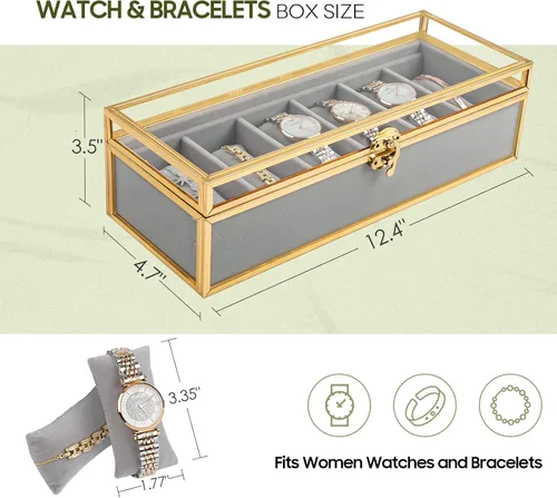 Vista 7 de Glass Watch Case for Women, 6 Slots Bracelets Boxes and Watches Display Cases for Women, Glass Watch Box Organizer for Jewelry Collection