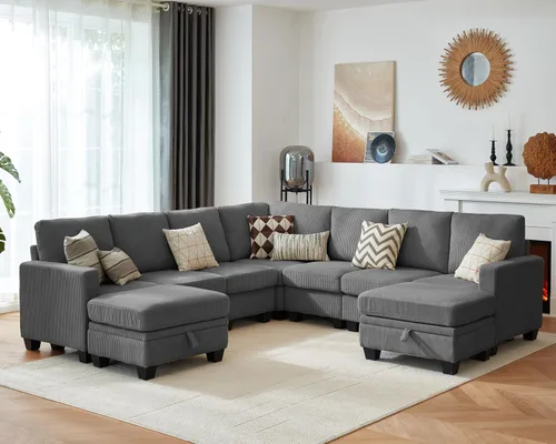 Vista 44 de CHIC HOUSE Sofá modular modular con otomanas de almacenamiento, sofá de pana para espacios pequeños y apartamentos, sofá esquinero convertible