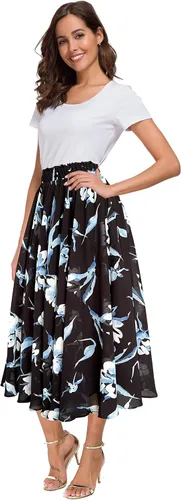 Vista 3 de Afibi Falda de gasa con estampado floral de cintura alta para mujer, estilo swing, de playa, midi, larga con bolsillos Negro