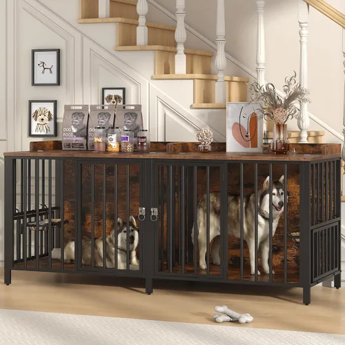 Vista 14 de BOINN Mueble plegable para perros de 41.3 pulgadas, no se ensambla, para perros de interior, jaulas de madera para perros con cuencos giratorios