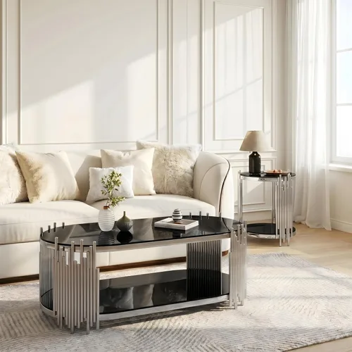 Vista 15 de Mesa de centro de cristal dorado de 2 niveles, moderna mesa de centro ovalada con estantes negros templados transparentes y marco de acero