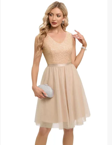 Vista 2 de Meetjen Vestido de cóctel para mujer, vestido de tul con lentejuelas, vestido de manga corta con cuello en V, vestido acampanado