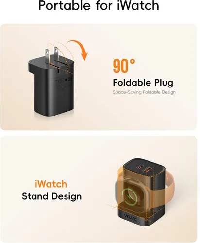 Vista 5 de VRURC Cargador para iPhone y Apple Watch, bloque de carga rápida USB C de 20 W, adaptador de viaje compacto 3 en 1 con 2 puertos para iPhone