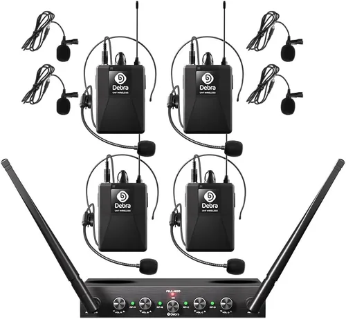 Vista 13 de Debra Audio Pro UHF Sistema de micrófono inalámbrico de 4 canales con micrófonos de mano, lavalier y diadema inalámbricos, receptor de metal, ideal