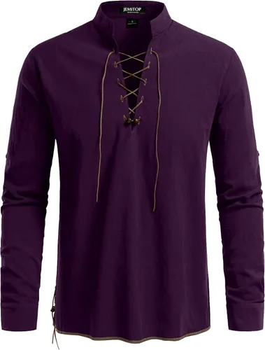 Vista 68 de JEMITOP Men's Pure Cotton Renaissance Lace Up Shirt Verde militar