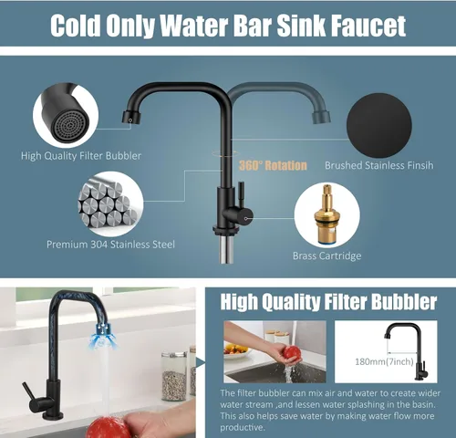 Vista 3 de Aolemi Negro frío solo agua grifo de la cocina grifo de barra comercial manija sola palanca 304 acero inoxidable cubierto montado solo agujero