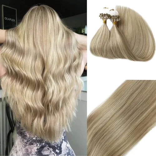 Vista 22 de Extensiones de cabello Microlink con reflejos, cabello humano lacio de 14 pulgadas, rubio caramelo resaltado, 50G/50S