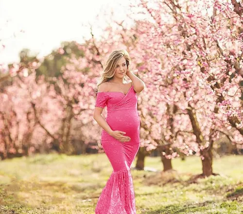 Vista 4 de ZIUMUDY Vestido de maternidad de manga corta con cuello en V y encaje para mujer