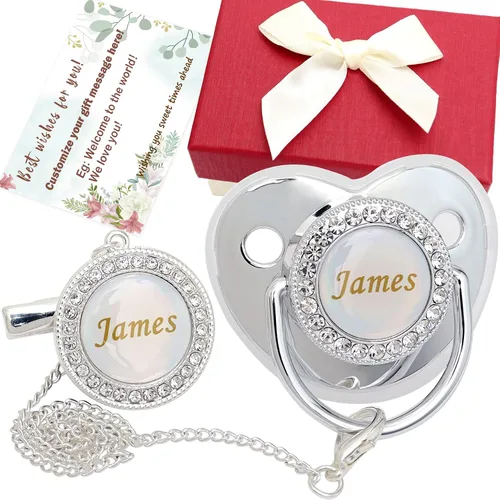 Vista 6 de Juego de chupetes personalizados con nombre, sin BPA, dorado, plateado, rosa, oro rosa, lujoso, regalo ideal para recién nacidos (negro)