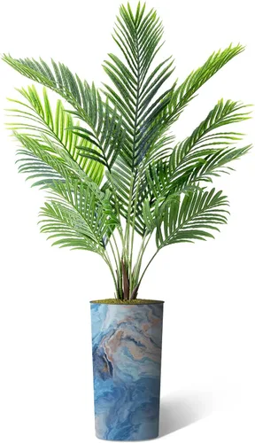 Vista 2 de Árbol artificial en macetero con efecto de granito moderno, palmera tropical areca artificial de seda para decoración del hogar en interiores