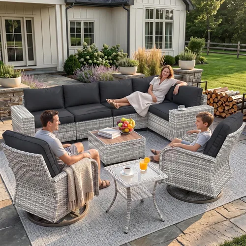 Vista 91 de Muebles de patio al aire libre conjunto PE mimbre ratán al aire libre sofá seccional Gris