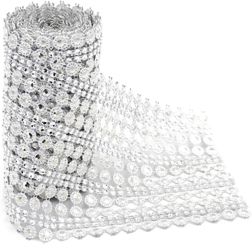 Vista 3 de Honbay Rollo de cinta de malla de diamantes de imitación con forma de flor brillante de 4.5 pulgadas x 2 yardas para bodas, cumpleaños, baby shower
