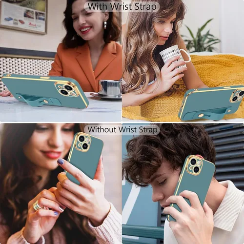 Vista 7 de GUAGUA Funda para iPhone 15 de 6.1 pulgadas con soporte para correa de muñeca, delgada, suave, galvanizada, TPU iPhone 15, funda protectora a prueba