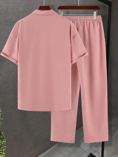 Vista 2 de GORGLITTER Conjunto de 2 piezas para hombre, camisa de manga corta con botones y pantalones de cintura elástica