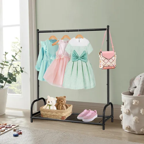Vista 7 de Perchero de ropa para niños, estante de almacenamiento de disfraces para niños, pequeño estante de ropa con estante de almacenamiento de metal