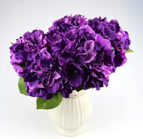 Vista 4 de Ramo de flores artificiales de seda de hortensias moradas profundas 5 cabezas grandes decoración del hogar