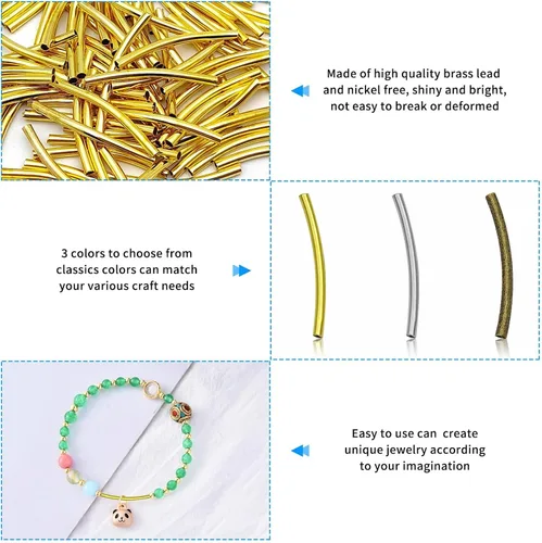 Vista 5 de 300 cuentas espaciadoras curvadas de tubo de fideos, cuentas de tubo curvado de 0.98 pulgadas de largo, cuentas de tubo de latón, cuentas sueltas