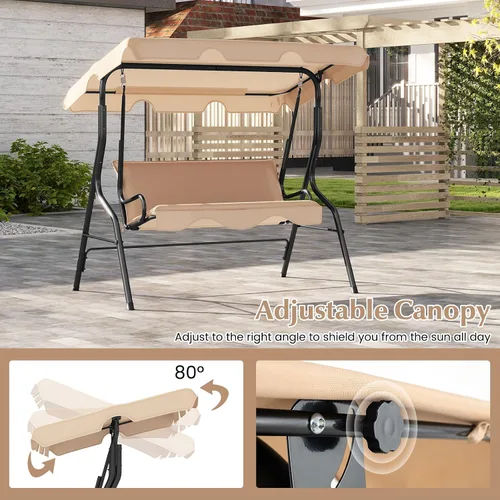 Vista 4 de RELAX4LIFE Silla columpio para porche para 3 personas, columpio para exteriores con toldo ajustable, cojín extraíble y soporte de marco de metal