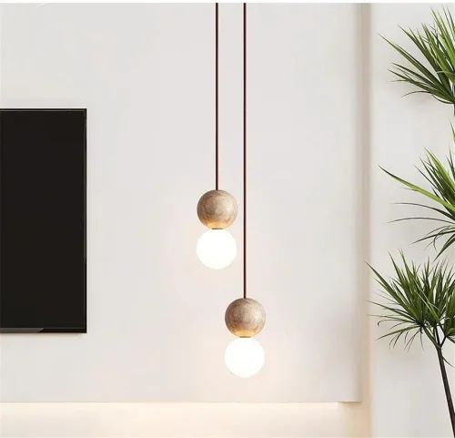 Vista 3 de Mini lámpara colgante de piedra natural para dormitorio, lámpara colgante de travertino amarillo Wabi-Sabi japonés, lámpara colgante colgante