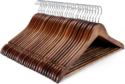 Vista 13 de HOUSE DAY Paquete de 10 perchas de madera resistentes para armario, colgador de madera con acabado liso con barra antideslizante para pantalones