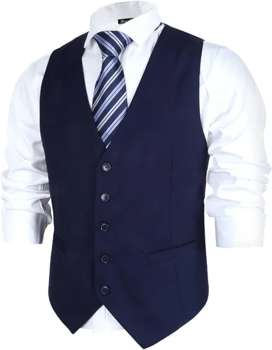Vista 7 de Alizeal Chaleco de Traje de Negocios Clásico de Color Sólido para Hombre de Ajuste Regular Chaleco de Esmoquin para Boda Azul marino