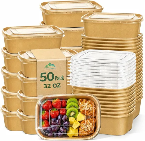 Vista 8 de Kaderron Paquete de 50 tazones de papel grandes de 20 onzas con tapas, contenedor compostable desechable resistente para fiestas, cuencos