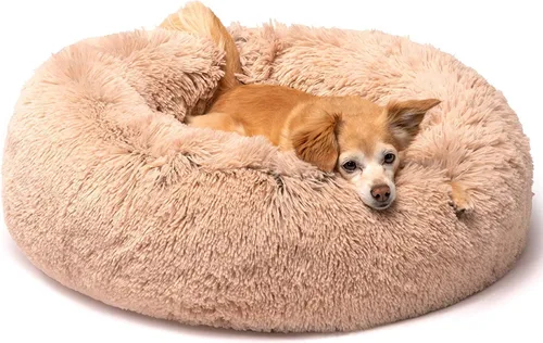 Vista 26 de Friends Forever Cama para perro en forma de dona, de piel sintética, mullida, relajante, para perros pequeños, suave y afelpada, antiansiedad, sofá