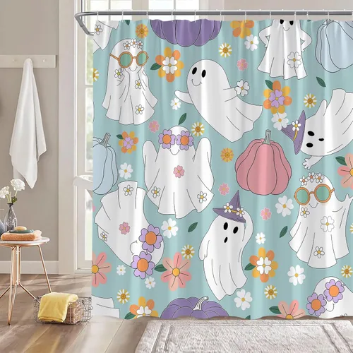 Vista 2 de Halloween Ghost Shower Curtain Spooky Cute 70s Retro Hippie Daisy Funny Bathroom Decor Curtain with Hooks,Blue White