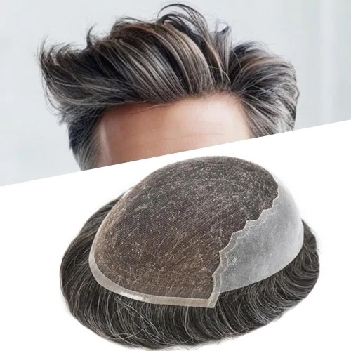 Vista 10 de Toupee de cabello humano indetectable para hombres, sistema de reemplazo de cabello natural para hombres, pieza de cabello gris para hombres