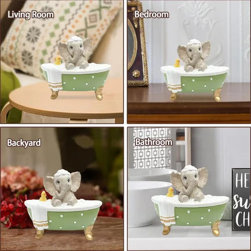 Vista 5 de Figura de elefante para decoración de estatua de jardín, bonito elefante de resina gris con un pato en la bañera de lunares que trae buena suerte
