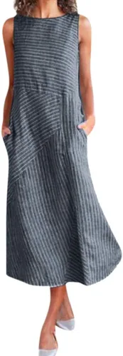 Vista 16 de Vestido de manga larga para mujer, casual, de algodón, lino, con botones, maxivestidos tipo caftán, blanco y azul
