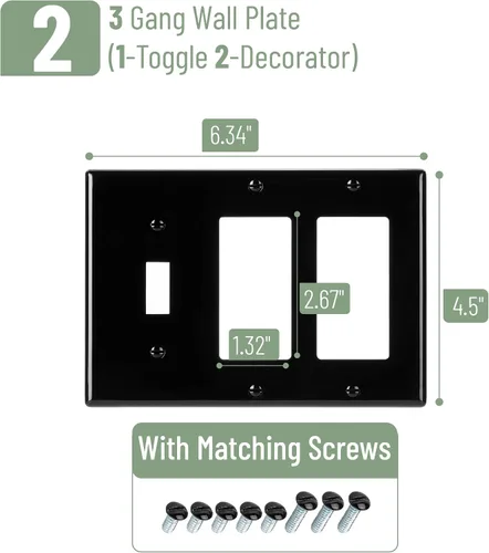 Vista 2 de Bates - Placa de pared combinada, interruptor de palanca individual/decorador doble, negro, 6.34 x 4.5 pulgadas, tamaño estándar, placa de pared
