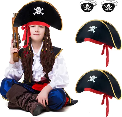 Vista 9 de M&G House Sombreros de pirata de Halloween Caribbean Black Pirate Cap Pirata Accesorios Divertidos Sombrero de Fiesta Disfraz Adulto Niño