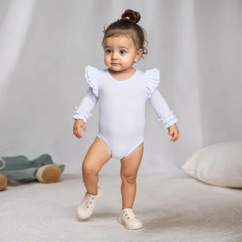 Vista 2 de Mameluco de color sólido para bebé niña con mangas con volantes, traje de una pieza para niños pequeños