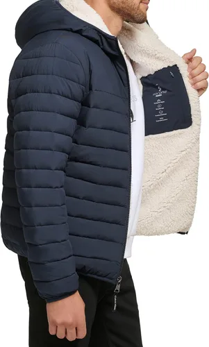 Vista 5 de Calvin Klein Chaqueta de plumón con capucha para hombre, abrigo acolchado, forro de sherpa