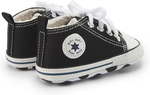 Vista 4 de KIDSUN - Zapatos deportivos unisex de caña alta para bebés, mezclilla de lona, suela antideslizante, suaves, para los primeros pasos