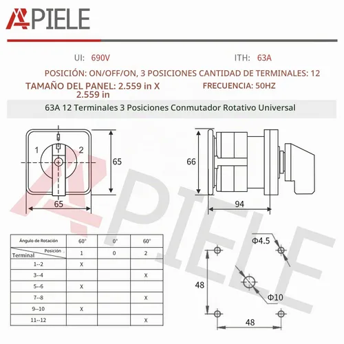 Vista 2 de APIELE Cambio Selector Caja 63A 3 Posición 12 Terminales Postes 440V 3 Fase Universal Rotary Cam Selector
