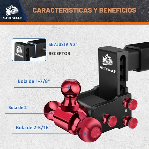 Vista 4 de METOWARE Enganche de remolque ajustable para receptor de 2" Tri-Ball 4 Negro + rojo