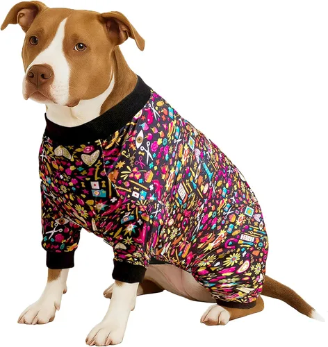 Vista 11 de LovinPet Mono grande para perros, camisas elásticas de algodón con estampado de animales, ropa completa para perros perfecta para evitar que lamen