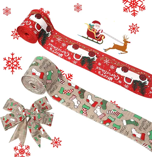 Vista 9 de Cinta de Navidad con cable de 2.5 pulgadas x 11 yardas, cinta de Navidad roja y de arpillera para coronas, lazos, manualidades, 2.5 pulgadas