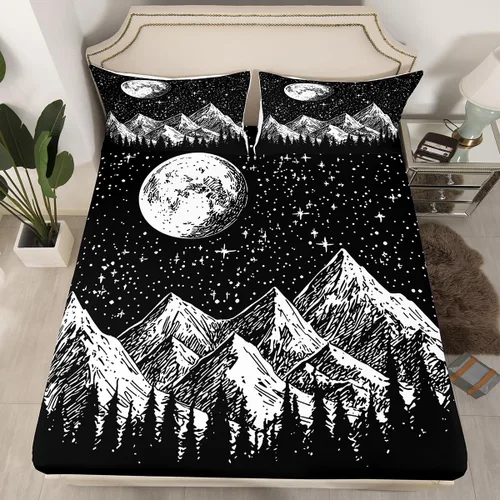 Vista 3 de Juego de sábanas de 3 piezas con diseño abstracto de estrellas y sol para niños, diseño de luna y sol, para niños y adultos, diseño de árbol
