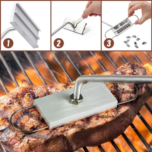 Vista 2 de Hierro de marca BBQ con letras intercambiables y un práctico dibujo, ideal para marcar filetes, hamburguesas y pollo (1)